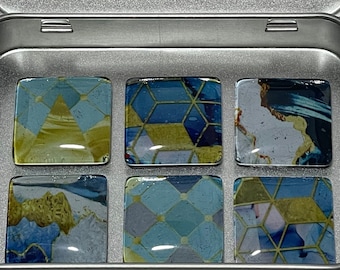 Juego de imanes abstractos / Imanes para nevera azul verdosos / Juego de imanes tipo azulejo / Juego de regalo de imanes para nevera