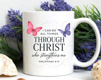 Christian Coffee Mug with Bible Verse – I Can Do All Things Through Christ – Inspirational Gift for Women of Faith, Butterfly Mug