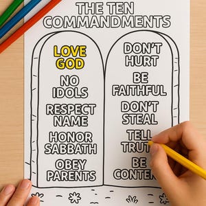 May include: A black and white printable coloring page featuring the Ten Commandments written on two stone tablets. The text on the tablets reads "Love God", "No Idols", "Respect Name", "Honor Sabbath", "Obey Parents", "Don't Hurt", "Be Faithful", "Don't Steal", "Tell Truth", "Be Content".