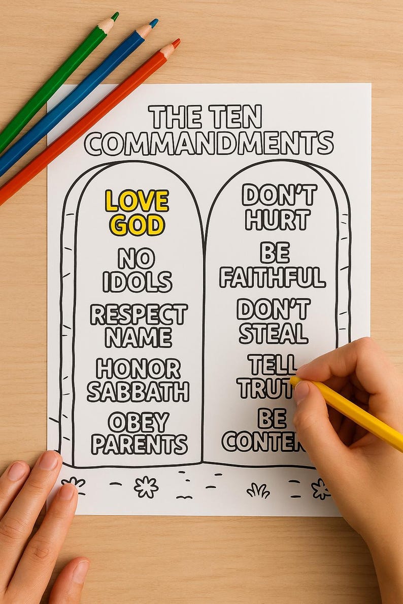 May include: A black and white printable coloring page featuring the Ten Commandments written on two stone tablets. The text on the tablets reads "Love God", "No Idols", "Respect Name", "Honor Sabbath", "Obey Parents", "Don't Hurt", "Be Faithful", "Don't Steal", "Tell Truth", "Be Content".