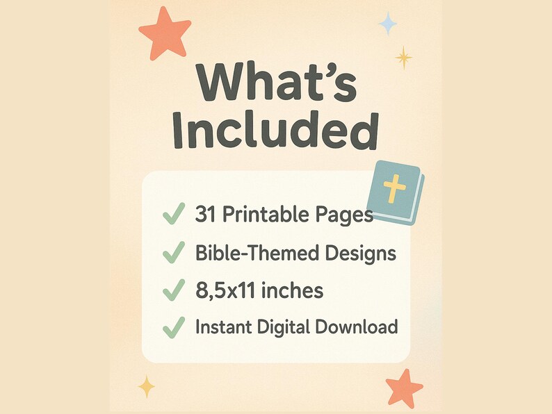 May include: A digital download of 31 printable pages with Bible-themed designs. The pages are 8.5 by 11 inches.