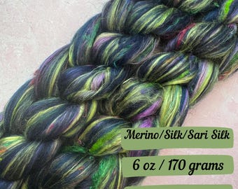 Aurora Boralis Merino Mulberry Silk Sari Silk Blend Dyed Combed Top Fiber Braid Spinning Fiber Wool Roving Spinning Fiber Braided Roving