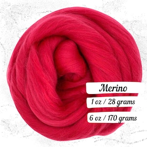 May include: A vibrant red merino wool roving, tightly coiled. The image includes text that reads "Merino", "1 oz / 28 grams", and "6 oz / 170 grams". This wool is suitable for various fiber art projects.