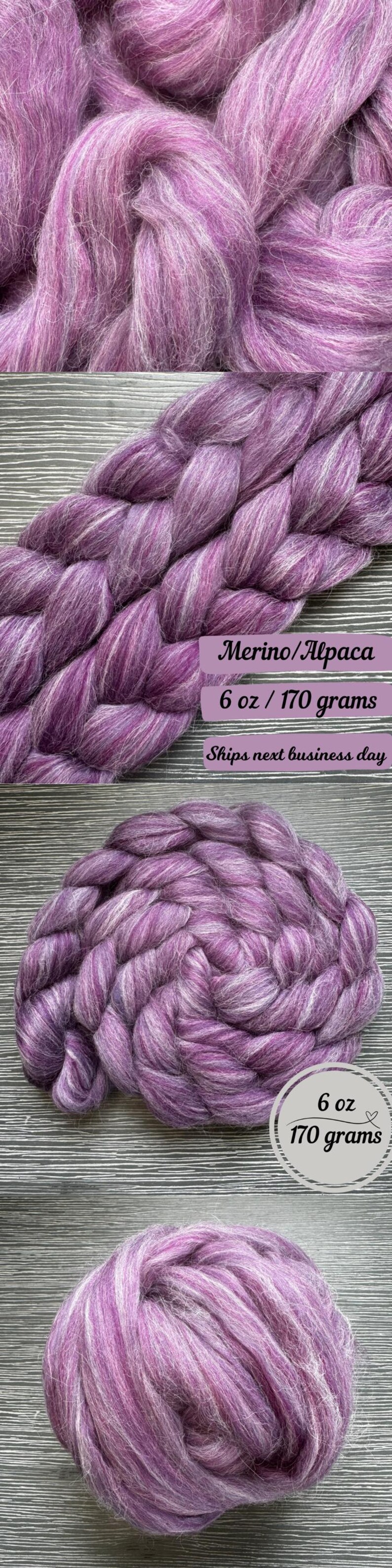 May include: Purple and white merino and alpaca fiber roving, 6 ounces or 170 grams.