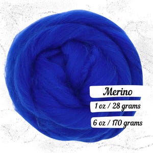 May include: A vibrant blue merino wool roving, tightly coiled. The image includes text that reads "Merino", "1 oz / 28 grams", and "6 oz / 170 grams". This wool is suitable for various fiber art projects.