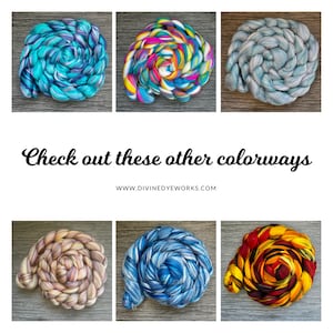 May include: Six skeins of colorful hand-dyed yarn in a variety of hues, arranged in a spiral pattern. The colorways include shades of teal, pink, blue, yellow, and red. The text "Check out these other colorways" is displayed.