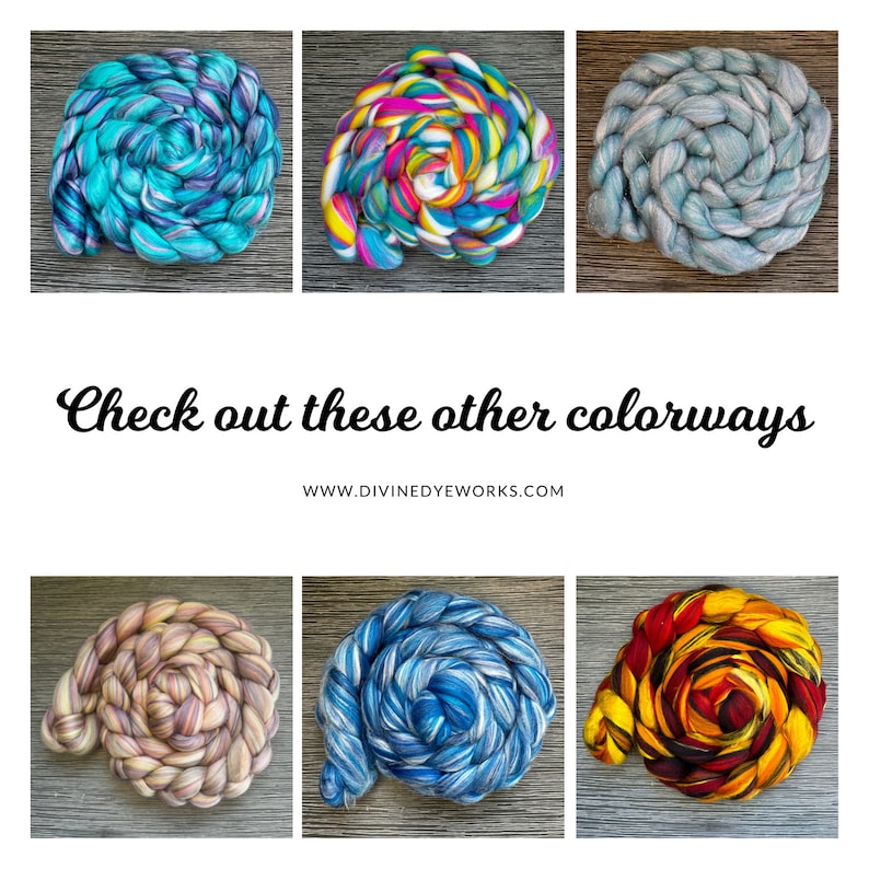 May include: Six skeins of colorful hand-dyed yarn in a variety of hues, arranged in a spiral pattern. The colorways include shades of teal, pink, blue, yellow, and red. The text "Check out these other colorways" is displayed.