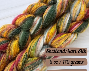 Christmas Lights Shetland Sari Silk Fiber Blend Dyed Combed Top Fiber Braid Spinning Fiber Wool Roving Spinning Fiber Braided Roving Felting