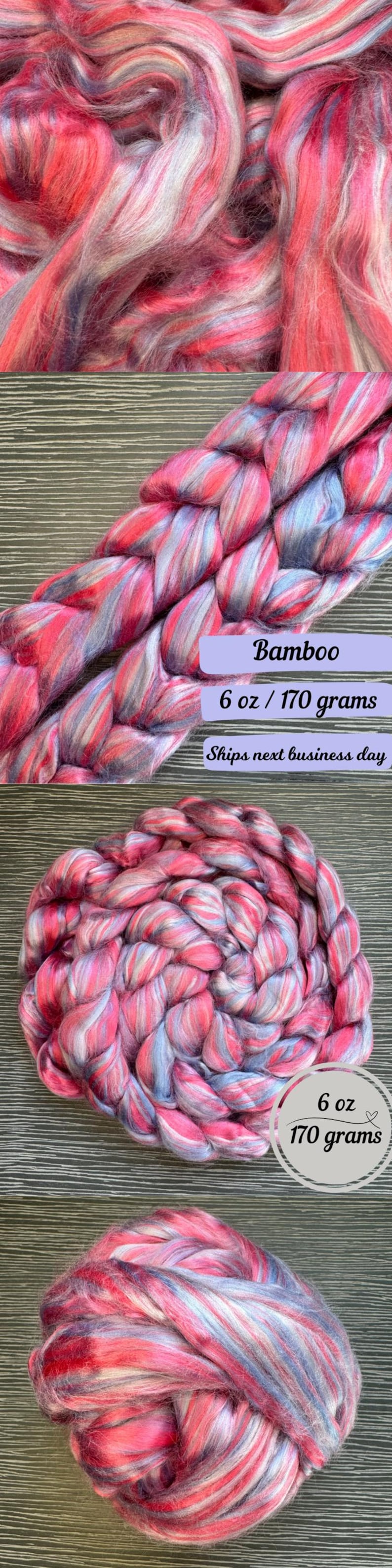 Pode incluir: Um pacote de 170 gramas de fibra de bambu rosa, branco e azul. A fibra est&aacute; disposta em um padr&atilde;o tran&ccedil;ado.