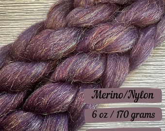 Glitzy Aubergine Merino Fiber braid for spinning Nylon fiber for spinner combed top fiber for spinning fiber braid for needle felting