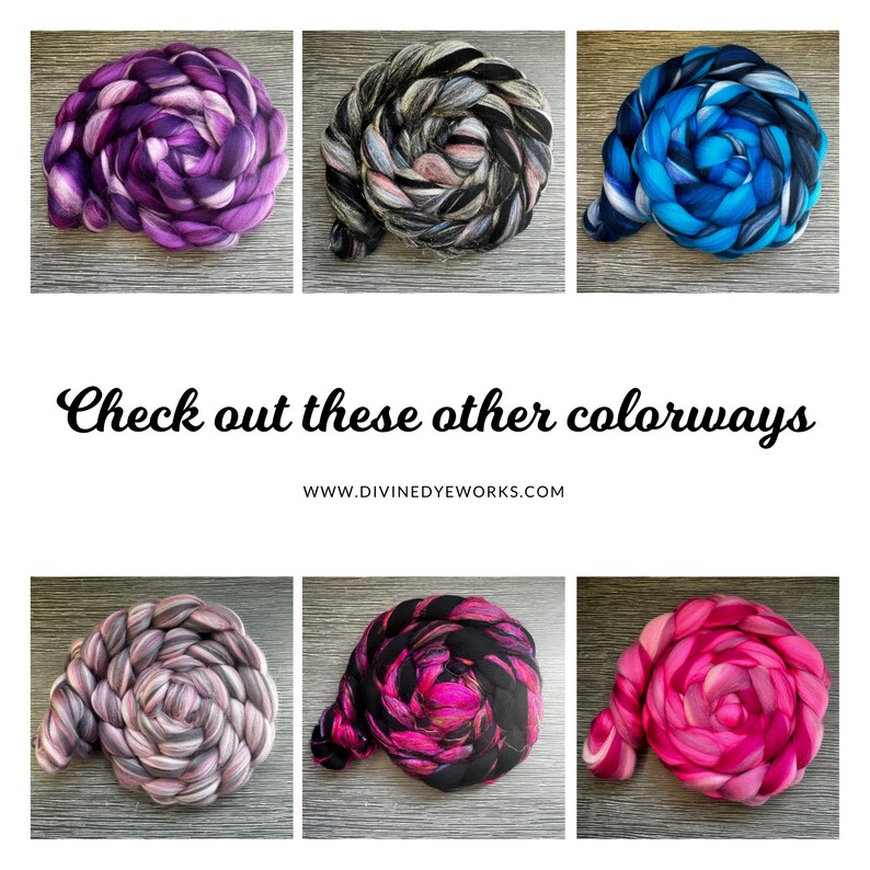 May include: Six different colourways of hand-dyed yarn, each in a unique colour combination. The yarn is arranged in a spiral shape, with the ends of the yarn tucked into the centre of the spiral. The yarn is displayed on a wooden surface. Check out these other colourways www.divinedyeworks.com