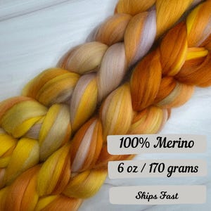 May include: Braided merino wool roving in shades of yellow, orange, and cream. The text on the image reads "100% Merino" and "6 oz / 170 grams". This fiber is suitable for spinning, felting, and other textile crafts.