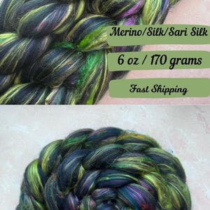 May include: A bundle of black, green, yellow, and purple merino, silk, and sari silk fiber. The fiber is 6 ounces or 170 grams.