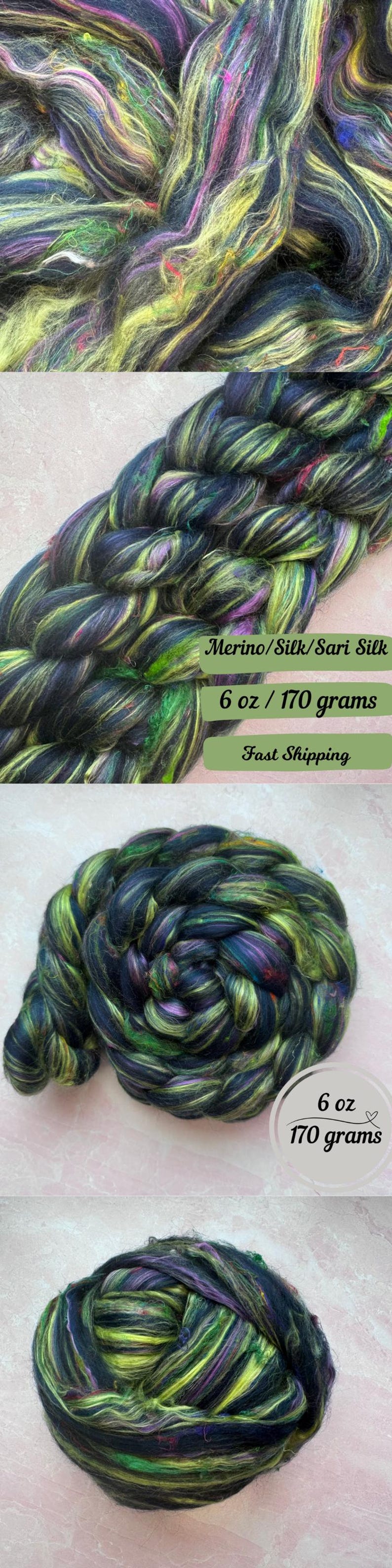 May include: A bundle of black, green, yellow, and purple merino, silk, and sari silk fiber. The fiber is 6 ounces or 170 grams.