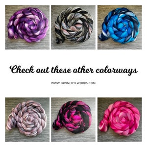 Pode incluir: Seis novelos de fio tingido &agrave; m&atilde;o em v&aacute;rias combina&ccedil;&otilde;es de cores, dispostos em espiral. O texto "Check out these other colorways" e um endere&ccedil;o web tamb&eacute;m s&atilde;o vis&iacute;veis. As cores variam do roxo ao rosa e ao azul.