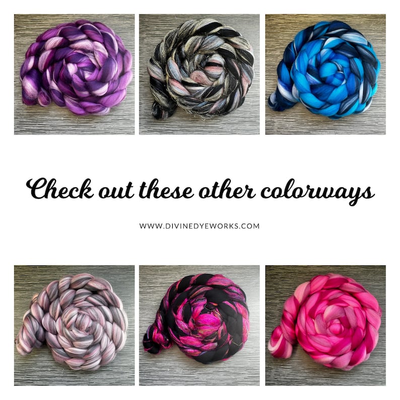 Pode incluir: Seis novelos de fio tingido &agrave; m&atilde;o em v&aacute;rias combina&ccedil;&otilde;es de cores, dispostos em espiral. O texto "Check out these other colorways" e um endere&ccedil;o web tamb&eacute;m s&atilde;o vis&iacute;veis. As cores variam do roxo ao rosa e ao azul.