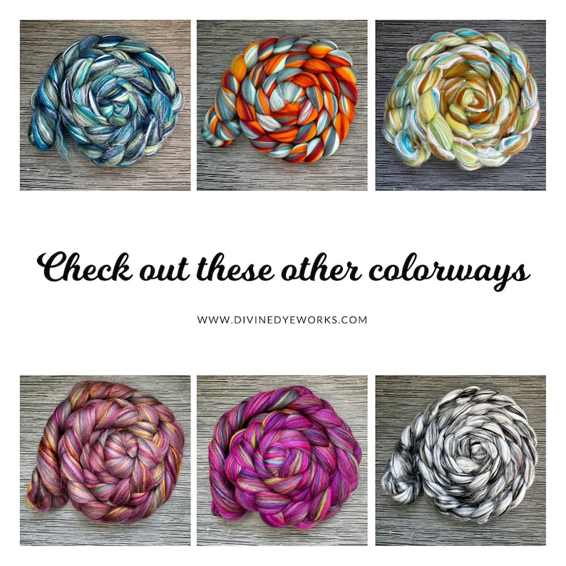 Pode incluir: Seis cores diferentes de fio tingido &agrave; m&atilde;o, cada um em forma de corda tran&ccedil;ada. O fio &eacute; uma mistura de cores, incluindo azul, verde, laranja, amarelo, vermelho e preto. O fio &eacute; apresentado numa superf&iacute;cie de madeira. Veja estas outras combina&ccedil;&otilde;es de cores www.divinedyeworks.com