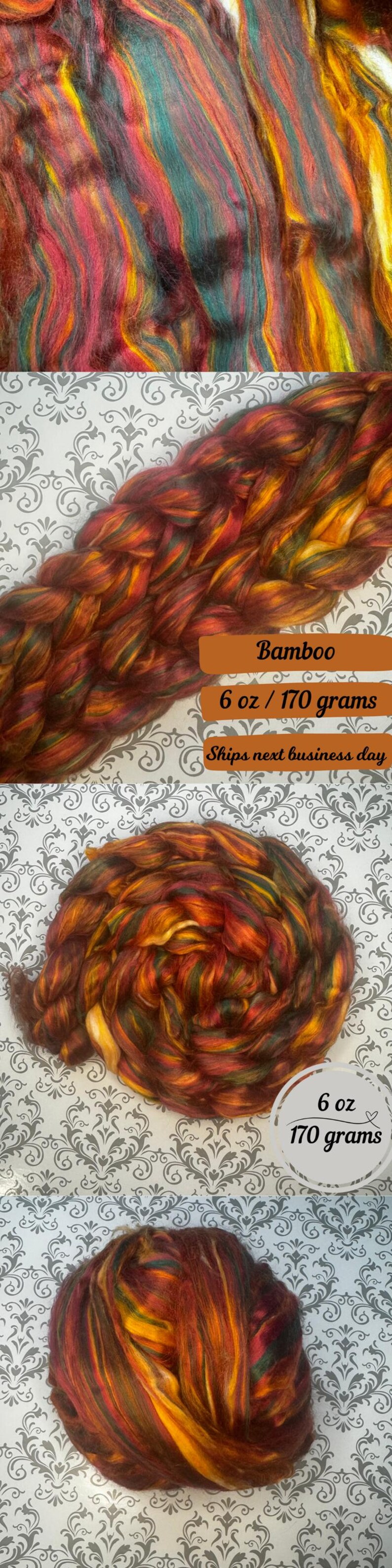 May include: A 6 ounce (170 gram) skein of bamboo yarn in a mix of red, orange, yellow, and green colours. The yarn is arranged in a loose ball shape.