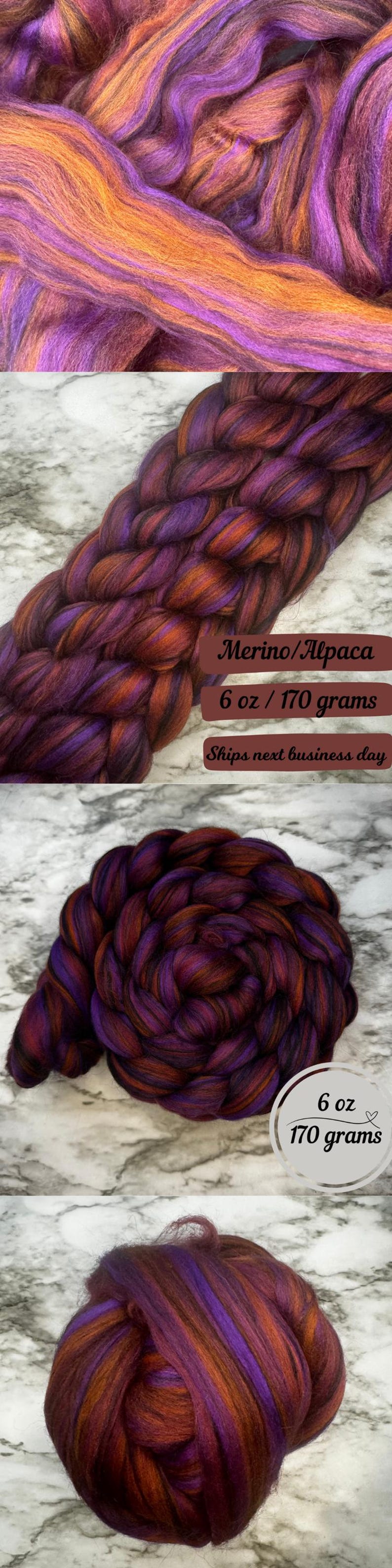 May include: Close-up of Merino/Alpaca fiber in shades of purple, orange, and brown. The fiber is shown in various forms, including a braid and a coiled bundle. The text on the image reads "6 oz / 170 grams".