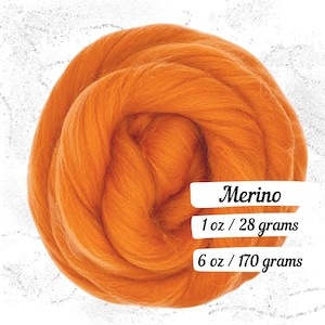 May include: A vibrant orange merino wool roving, tightly coiled. The image includes text that reads "Merino", "1 oz / 28 grams", and "6 oz / 170 grams". This wool is suitable for various fiber art projects.