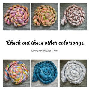 May include: Six skeins of hand-dyed yarn in various colorways, including pink, blue, green, and grey. The yarn is arranged in a spiral shape and is ready to be used for knitting or crocheting.