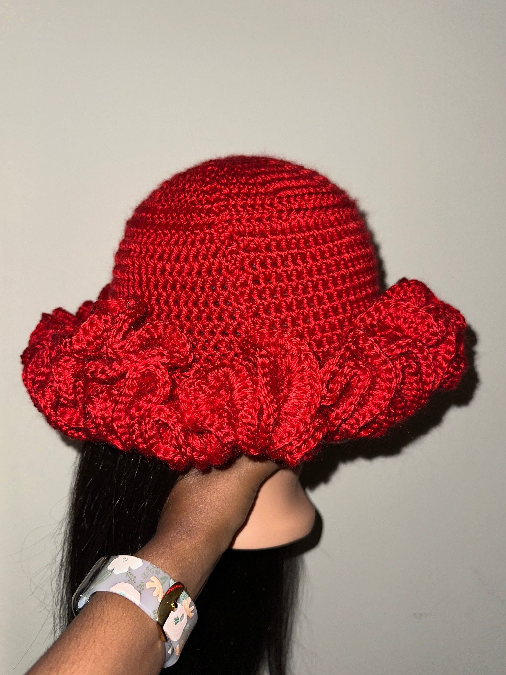 Red Rose Big Ruffle Handmade Crochet Bucket Hat - Etsy display picture 3