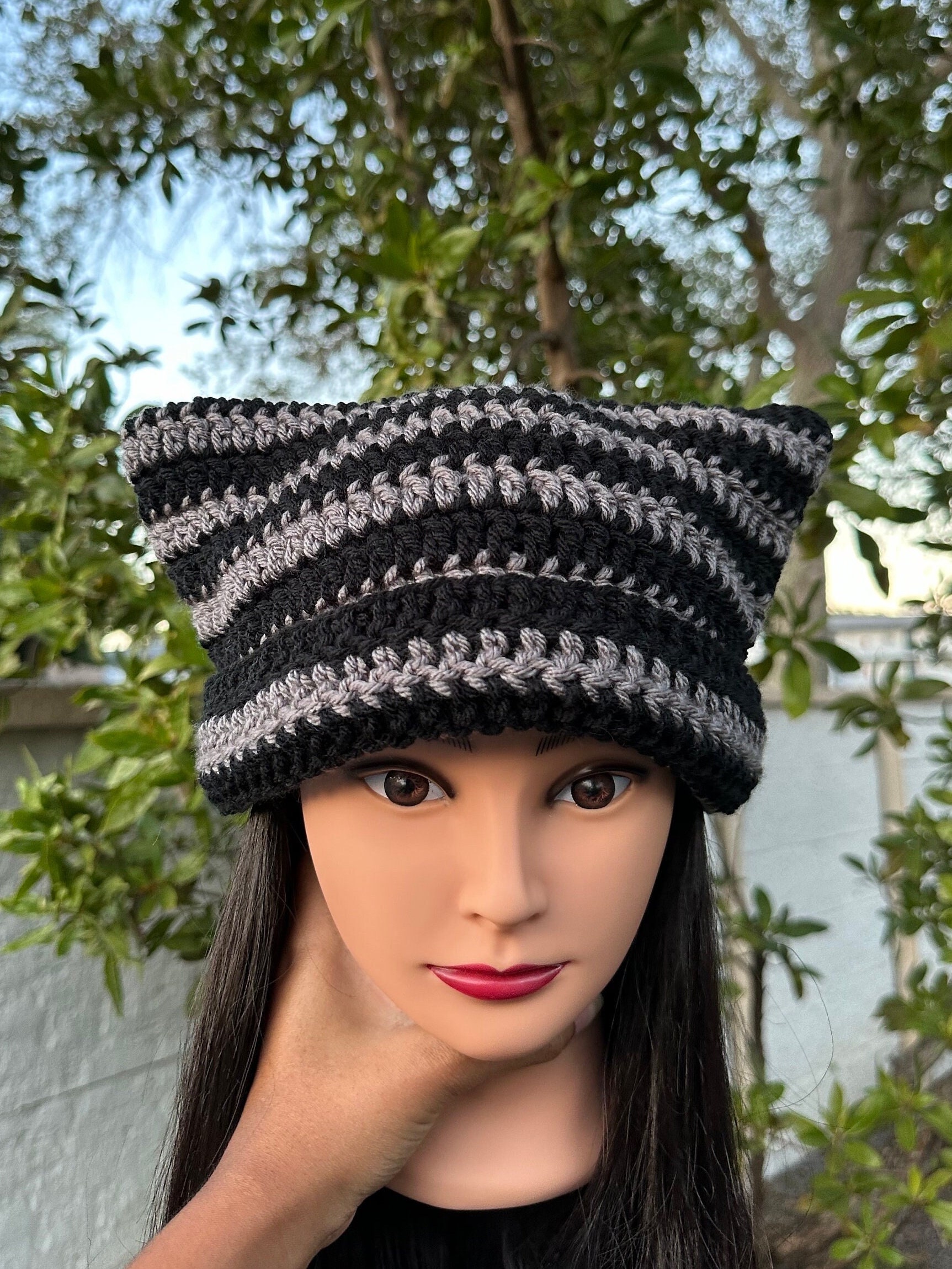 Black & Gray Handmade Crochet Cat Ears Beanie Hat - Etsy
