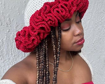White & Red with Silver Tinsel Handmade Crochet Big Ruffle Bucket Hat