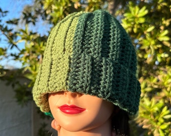 Four Green Color Block Handmade Crochet Beanie Hat
