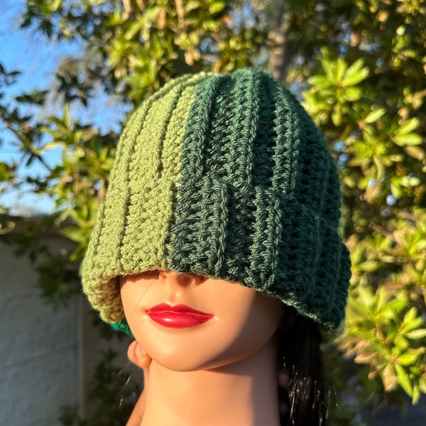 Four Green Color Block Handmade Crochet Beanie