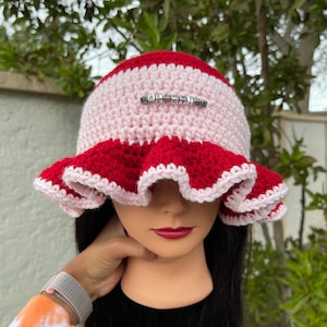 Handmade Crochet Bucket Hat: Pink & Red with Custom Beads