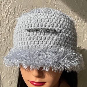 Silver Handmade Crochet Bucket Hat with Fluffy Brim