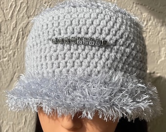 Silver Handmade Crochet Bucket Hat with Fluffy Brim