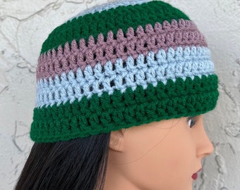 Green, Mauve, & Light Blue Striped Handmade Crochet Round Beanie Hat