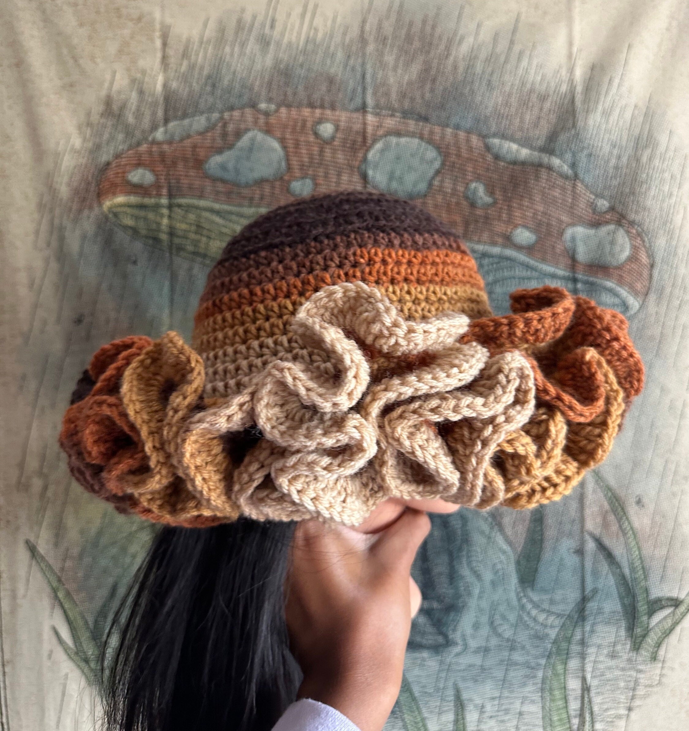 Cream to Brown Ombré Big Ruffle Handmade Crochet Bucket Hat