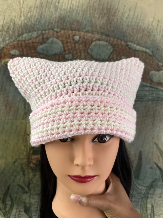 Baby Pink & Cream Thin Striped Handmade Crochet Cat Ears  display picture 1