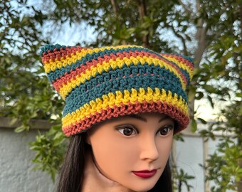 Teal, Peach, & Yellow Handmade Crochet Cat Ears Beanie Hat