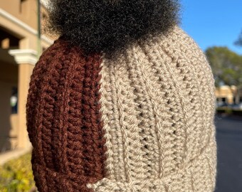 Cream & Brown Handmade Crochet Split Bun Beanie Hat