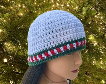 Handmade Crochet Christmas Beanie: Red & Green Striped Brim