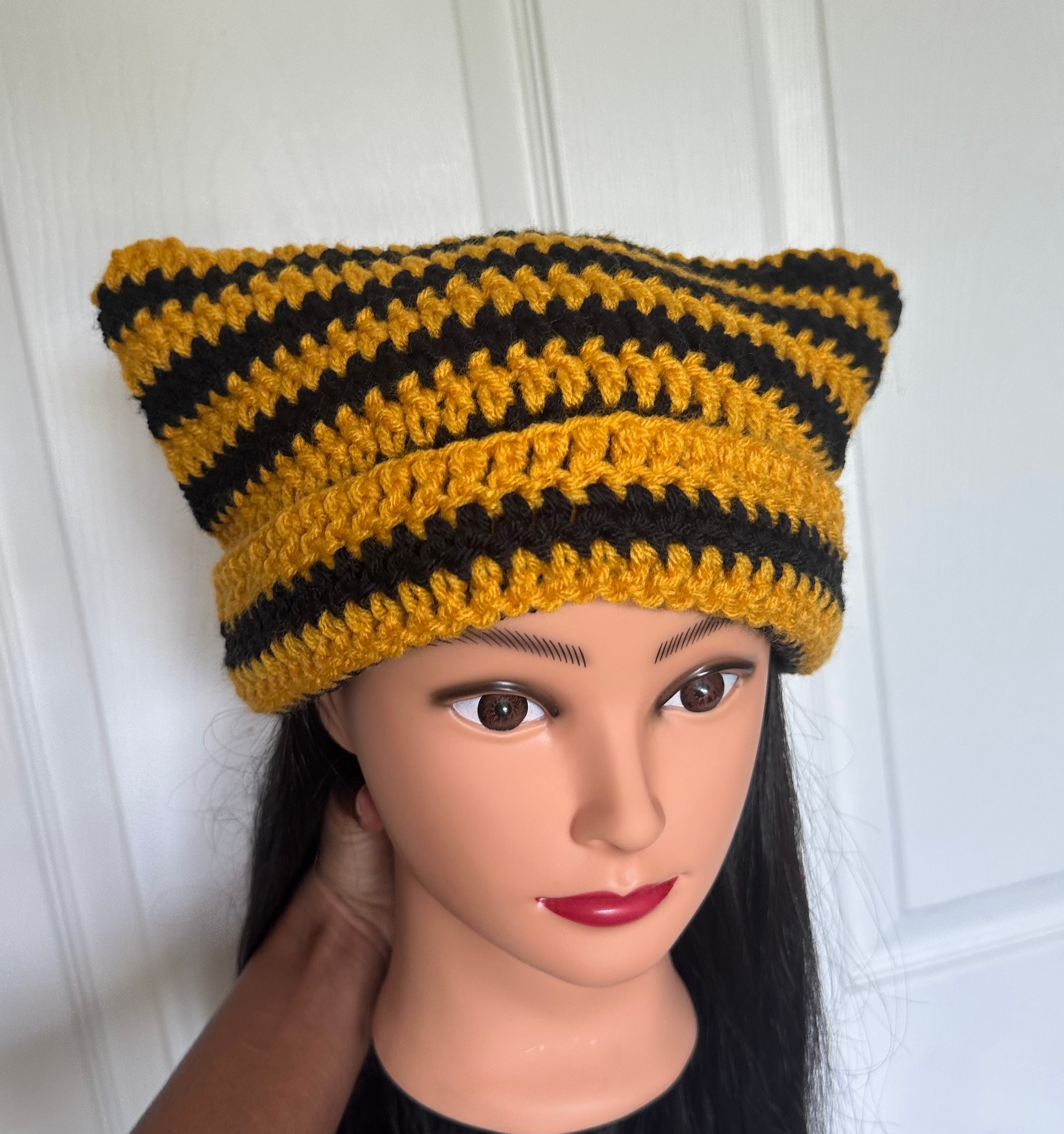 Black & Yellow Thick Striped Handmade Crochet Cat Ears  display picture 1