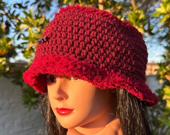 Burgundy Handmade Crochet Bucket Hat with Fluffy Brim