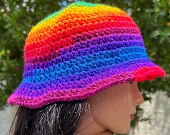 Rainbow Handmade Crochet Bucket Hat Flare