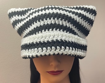 Thick Striped Handmade Crochet Cat Ears Beanie Hat