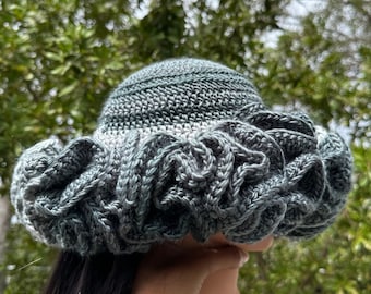 Thunderstorm Gray & Silver Handmade Crochet Big Ruffle Bucket Hat
