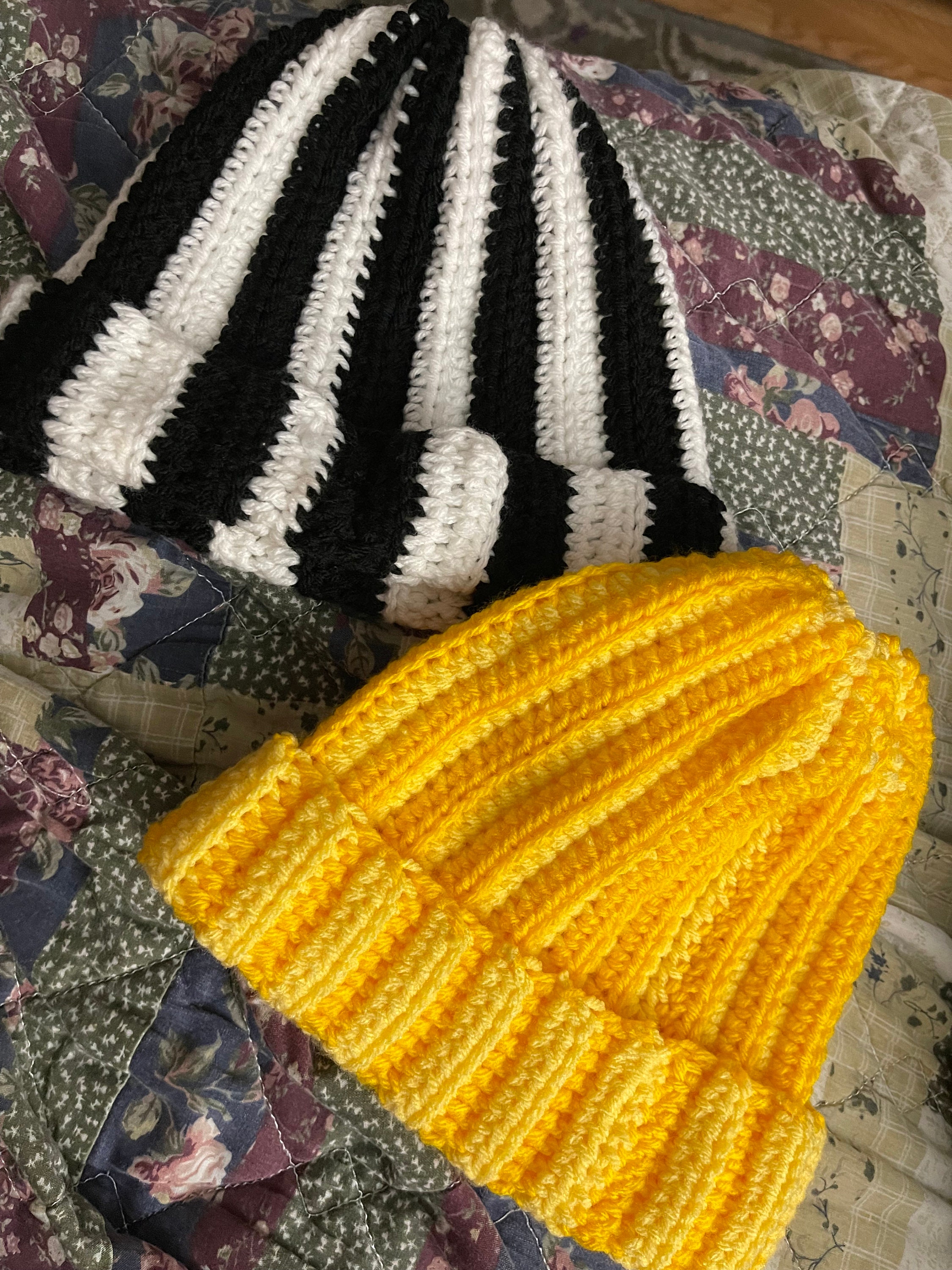 Handmade Striped Crochet Hat in Yellow, Brown, Cream. Unisex set of 5 Taupe Brown and Beige Striped Crochet Beanie, Medium Weight  main image 2