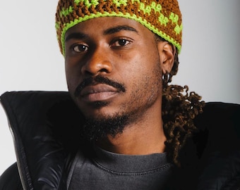Brown & Neon Green Handmade Crochet Round Beanie Hat with Checkered Pattern