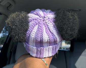 Light Purple & Lavender Thick Striped Handmade Crochet Space Bun Beanie Hat