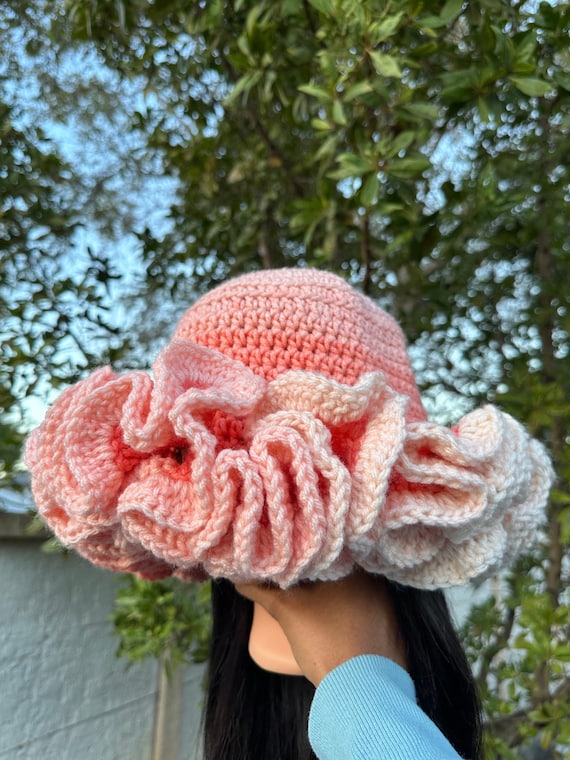 Coral & White Ombré Handmade Crochet Big Ruffle Bucket Hat 