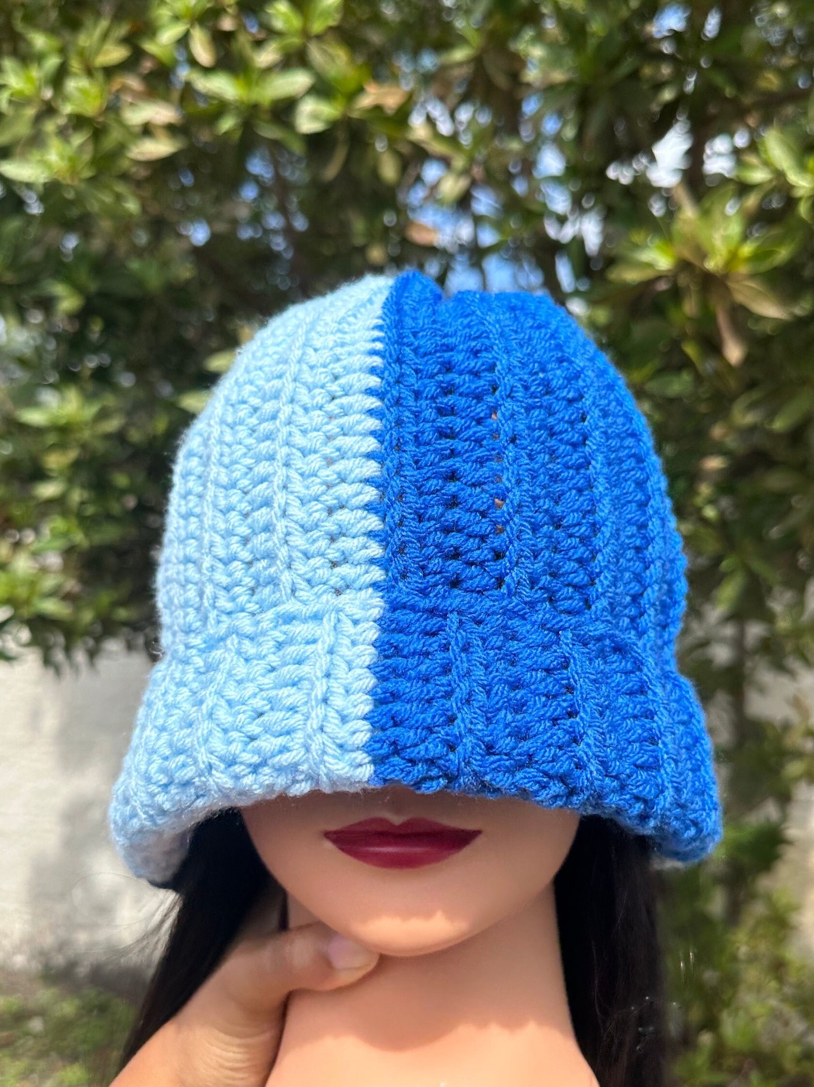 Handmade Crochet Virgin Wool Beanie Hat Blue White‎ Colorblock Textured Knit NEW This bold overlay mosaic beanie is still one of my favorite  main image 2