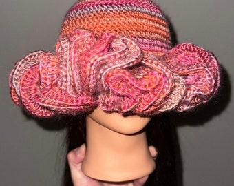 Pink Multicolored Big Ruffle Handmade Crochet Bucket Hat